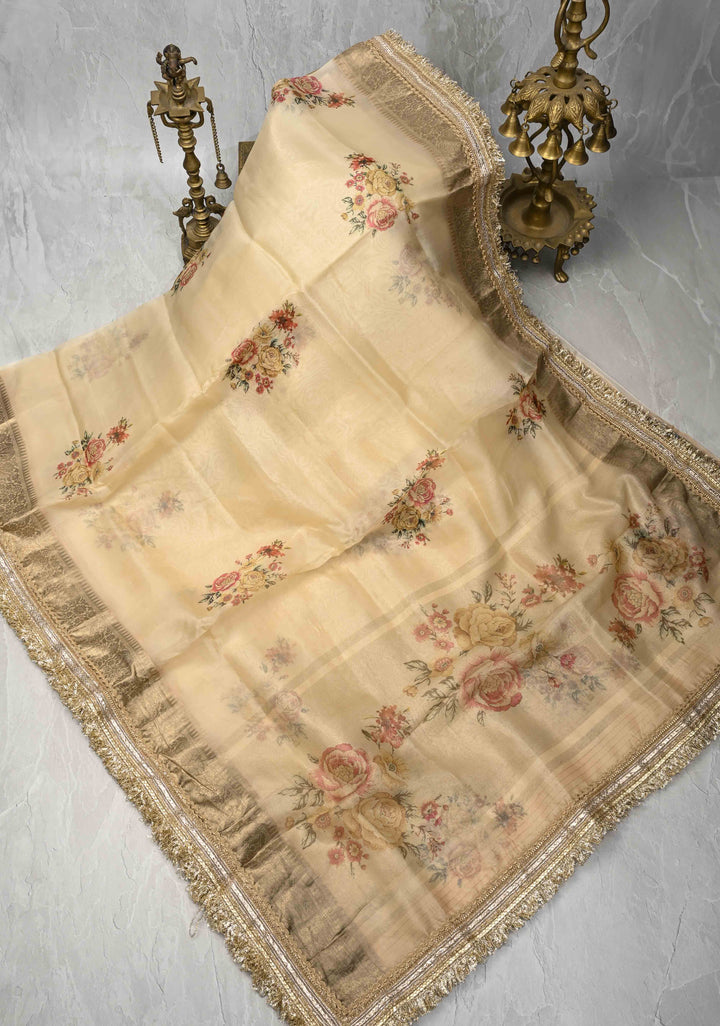 Cream Pure Organza Silk Saree with Floral Digital Print and Lace Trim Border| SILK MARK CERTIFIED