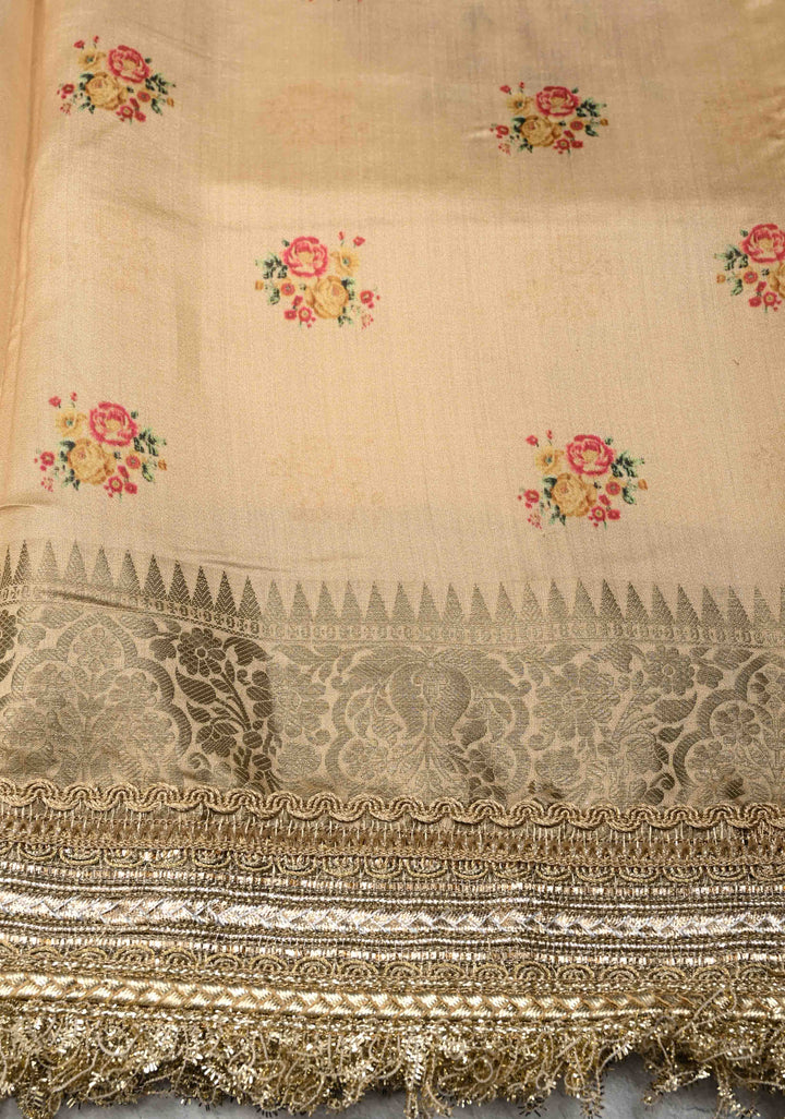 Cream Pure Organza Silk Saree with Floral Digital Print and Lace Trim Border| SILK MARK CERTIFIED