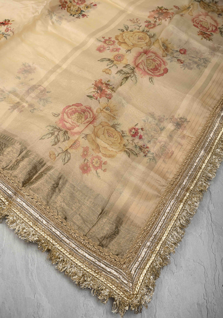 Cream Pure Organza Silk Saree with Floral Digital Print and Lace Trim Border| SILK MARK CERTIFIED