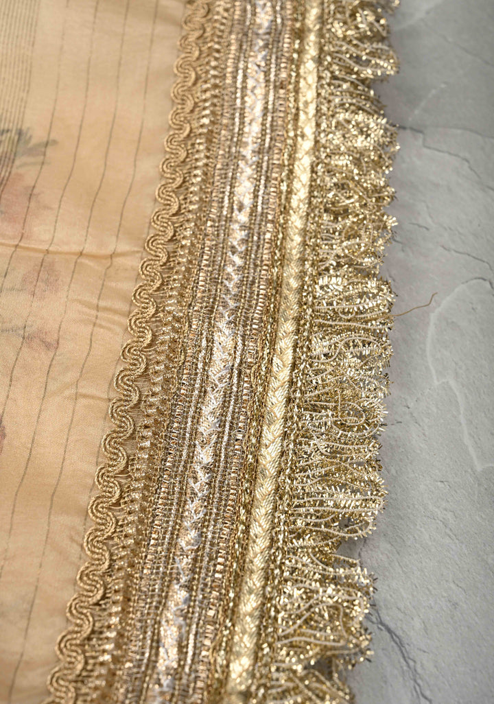 Cream Pure Organza Silk Saree with Floral Digital Print and Lace Trim Border| SILK MARK CERTIFIED