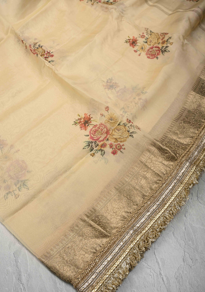 Cream Pure Organza Silk Saree with Floral Digital Print and Lace Trim Border| SILK MARK CERTIFIED