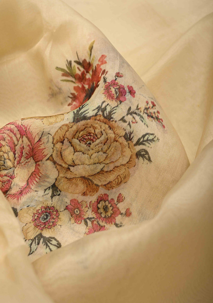Cream Pure Organza Silk Saree with Floral Digital Print and Lace Trim Border| SILK MARK CERTIFIED