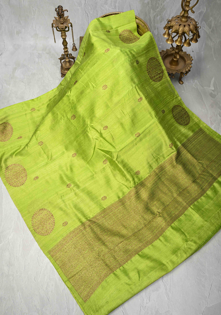 Lemon Green Borderless Banarasi Raw Silk Saree with Mandala Antique Zari Buttas | SILK MARK CERTIFIED