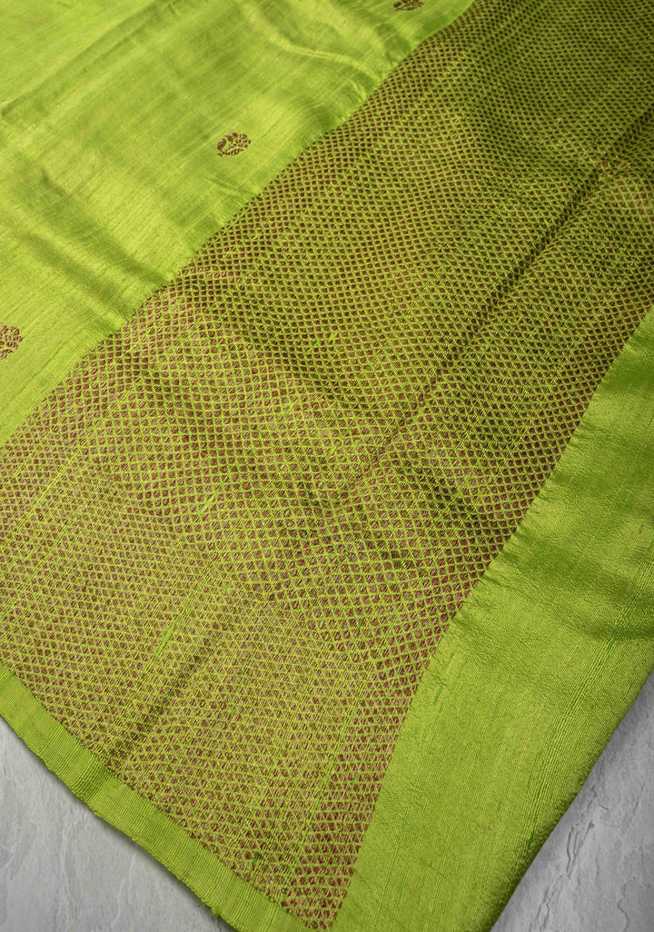 Lemon Green Borderless Banarasi Raw Silk Saree with Mandala Antique Zari Buttas | SILK MARK CERTIFIED