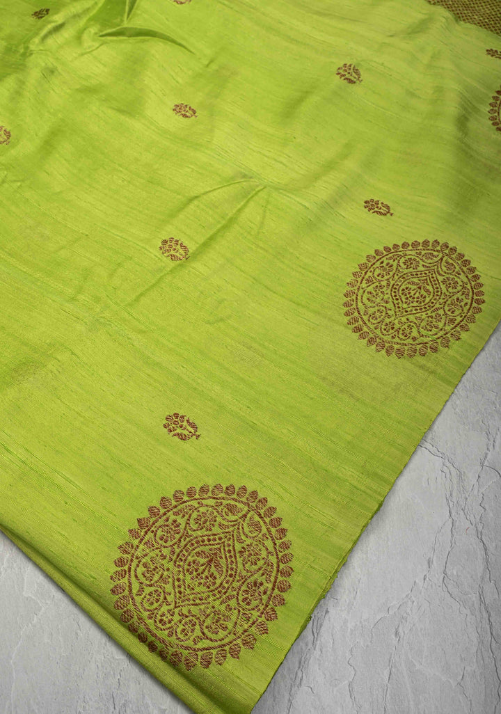 Lemon Green Borderless Banarasi Raw Silk Saree with Mandala Antique Zari Buttas | SILK MARK CERTIFIED