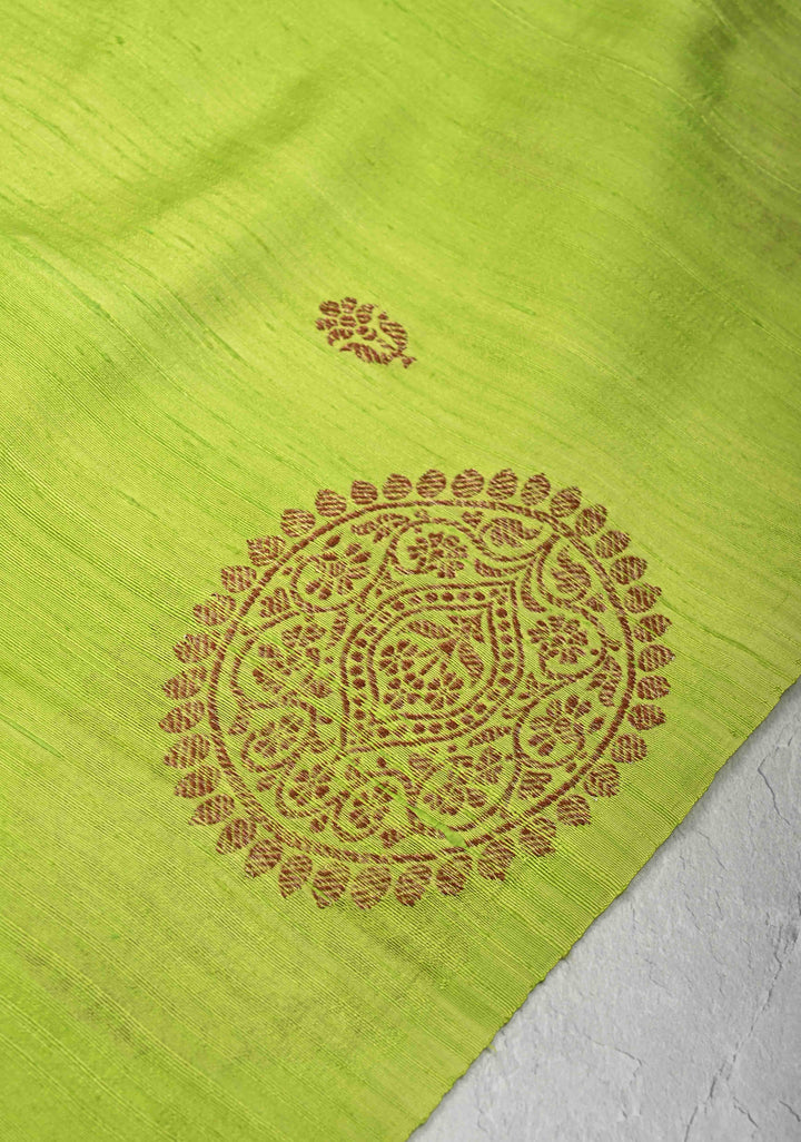 Lemon Green Borderless Banarasi Raw Silk Saree with Mandala Antique Zari Buttas | SILK MARK CERTIFIED