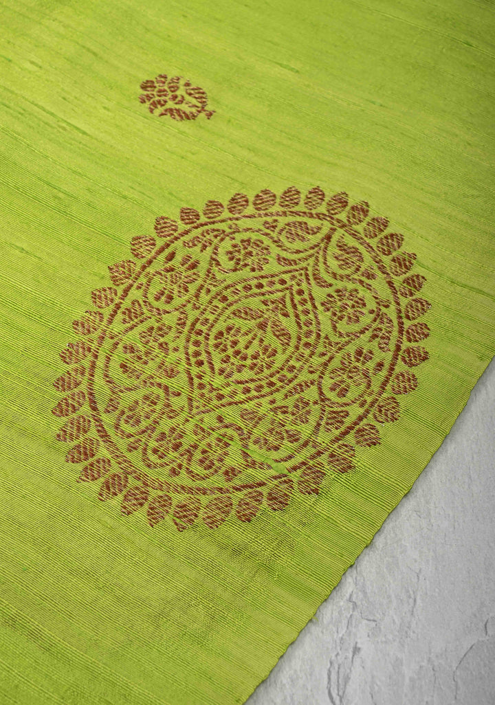 Lemon Green Borderless Banarasi Raw Silk Saree with Mandala Antique Zari Buttas | SILK MARK CERTIFIED