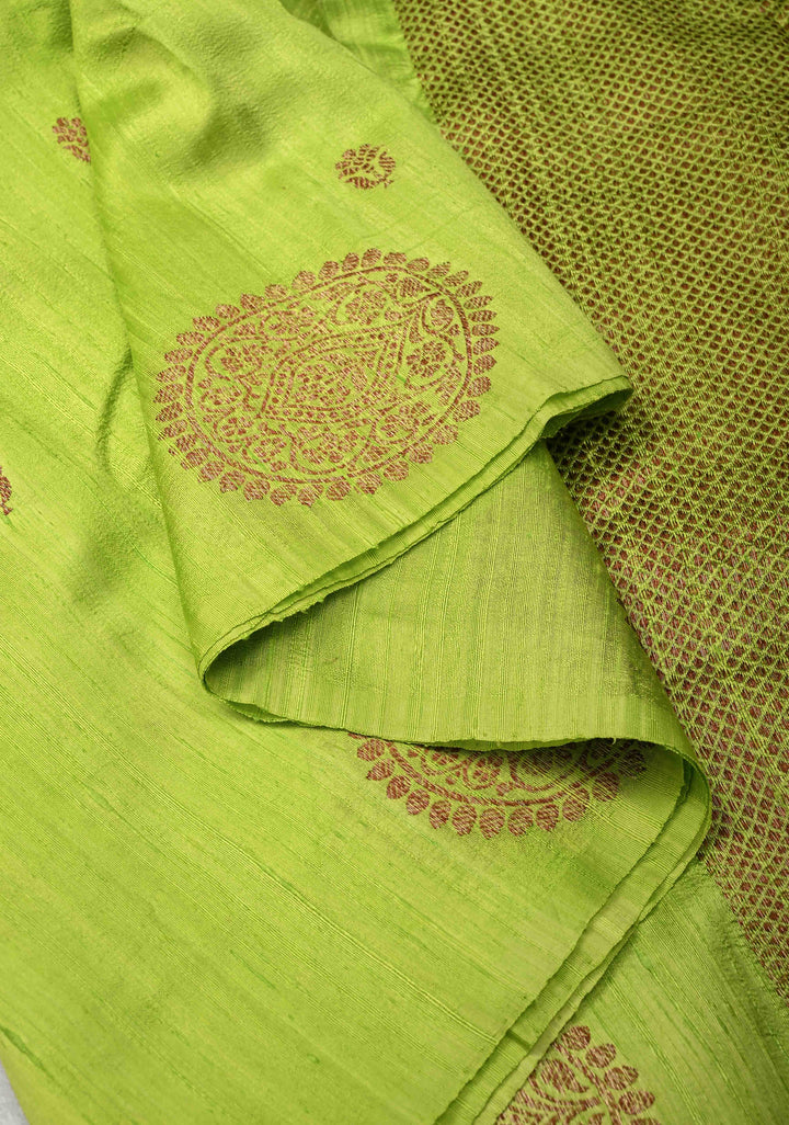 Lemon Green Borderless Banarasi Raw Silk Saree with Mandala Antique Zari Buttas | SILK MARK CERTIFIED