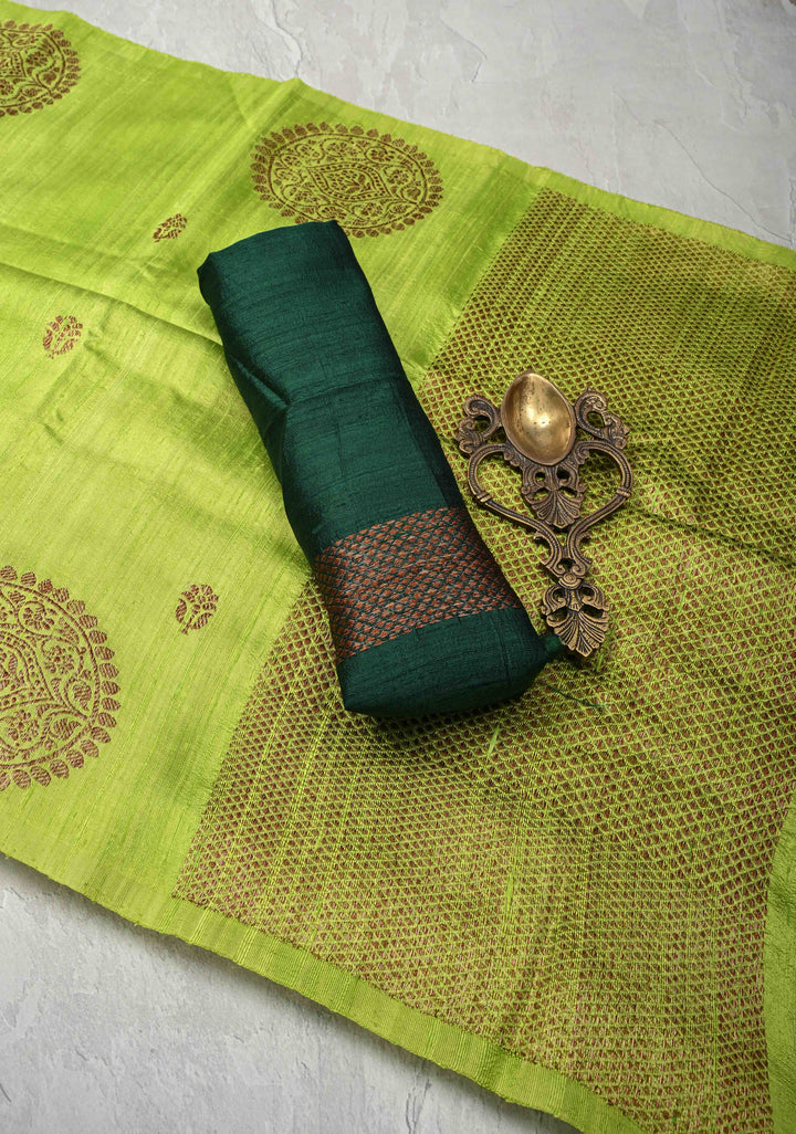 Lemon Green Borderless Banarasi Raw Silk Saree with Mandala Antique Zari Buttas | SILK MARK CERTIFIED