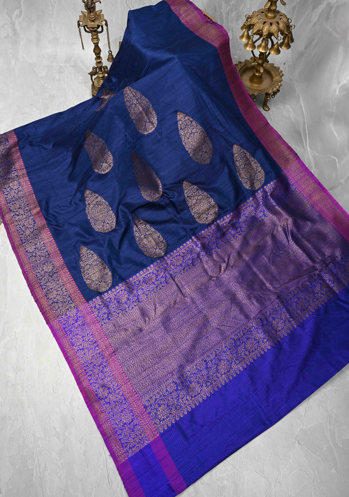Pure Banarasi Dupion Silk Saree in Indigo with Antique Damask Buttas and Zari Border | SILK MARK CERTIFIED