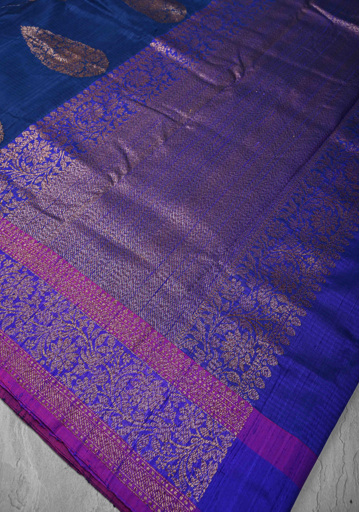 Pure Banarasi Dupion Silk Saree in Indigo with Antique Damask Buttas and Zari Border | SILK MARK CERTIFIED