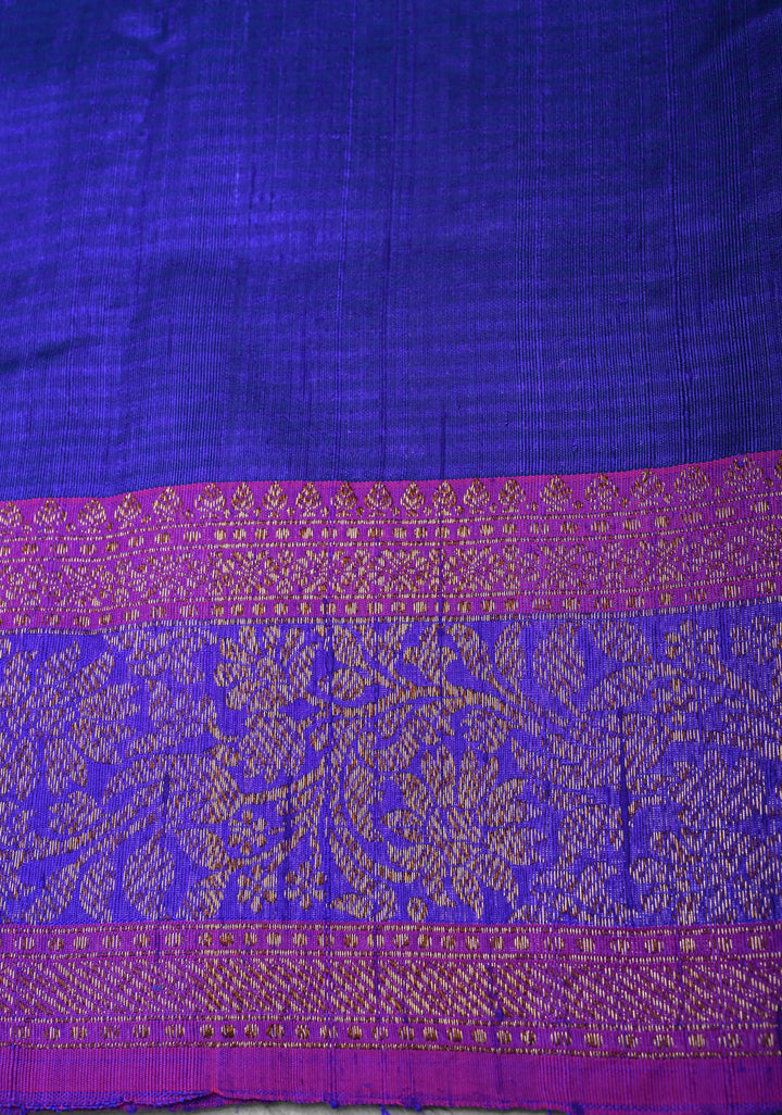Pure Banarasi Dupion Silk Saree in Indigo with Antique Damask Buttas and Zari Border | SILK MARK CERTIFIED
