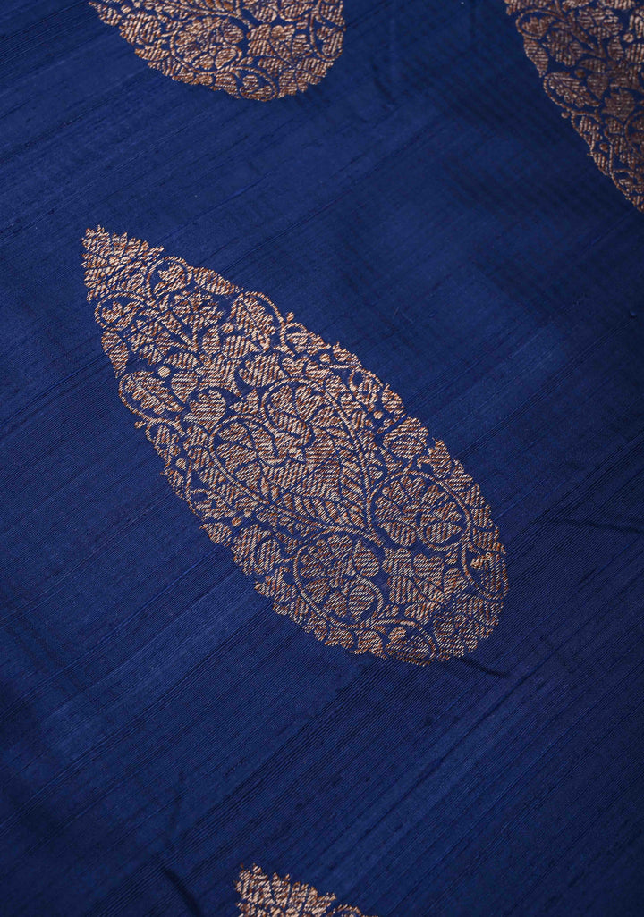 Pure Banarasi Dupion Silk Saree in Indigo with Antique Damask Buttas and Zari Border | SILK MARK CERTIFIED