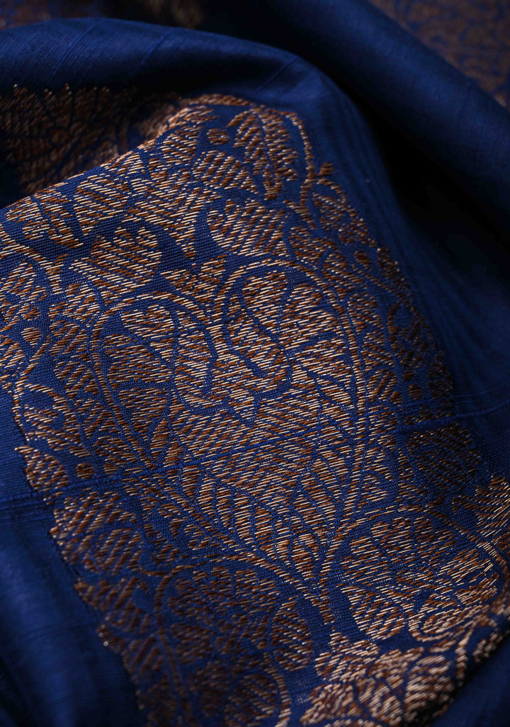 Pure Banarasi Dupion Silk Saree in Indigo with Antique Damask Buttas and Zari Border | SILK MARK CERTIFIED