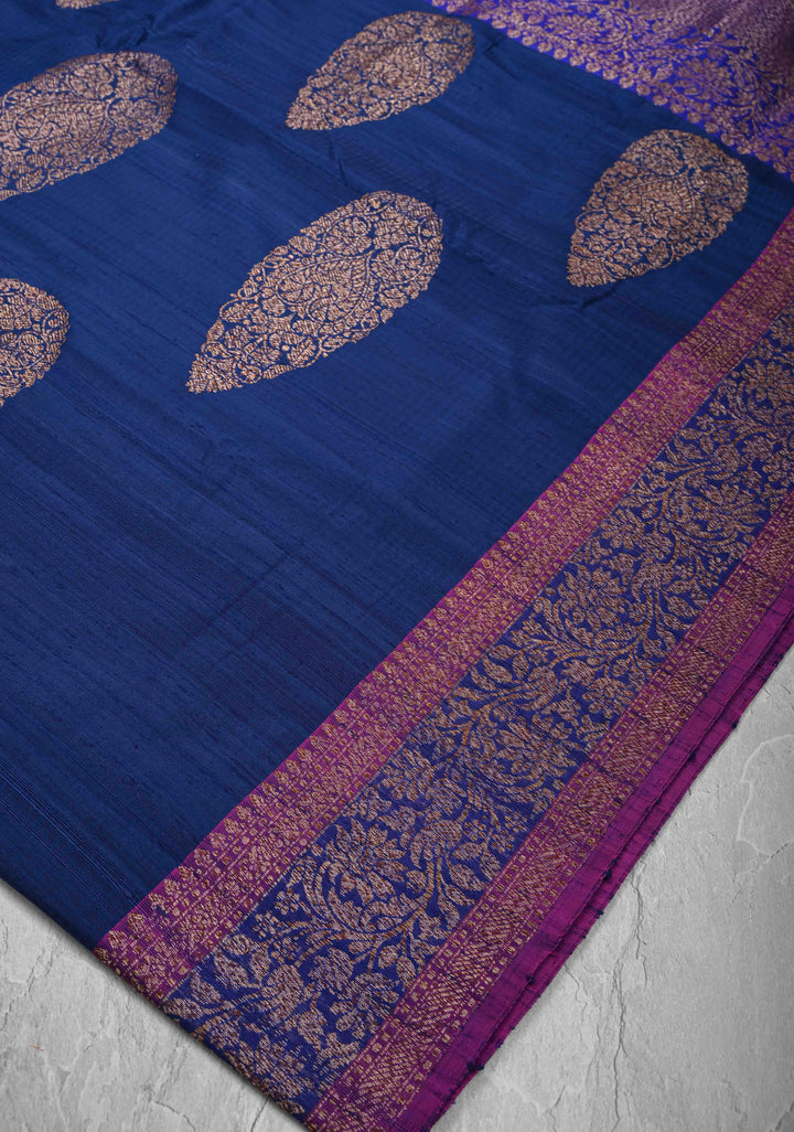 Pure Banarasi Dupion Silk Saree in Indigo with Antique Damask Buttas and Zari Border | SILK MARK CERTIFIED