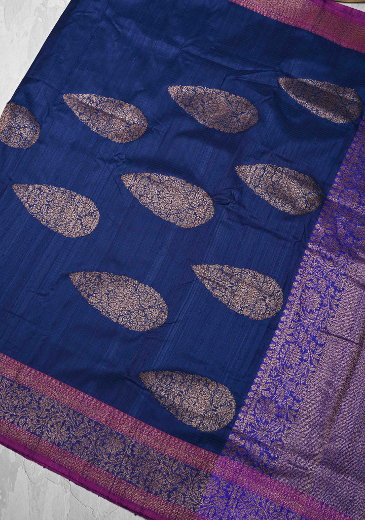Pure Banarasi Dupion Silk Saree in Indigo with Antique Damask Buttas and Zari Border | SILK MARK CERTIFIED