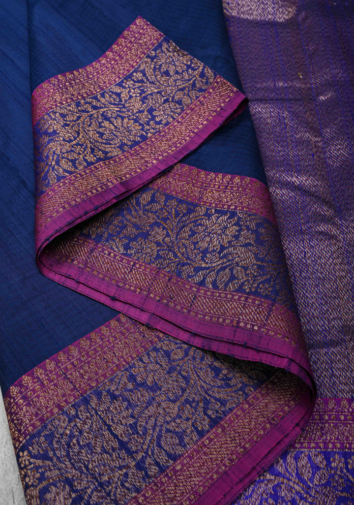 Pure Banarasi Dupion Silk Saree in Indigo with Antique Damask Buttas and Zari Border | SILK MARK CERTIFIED