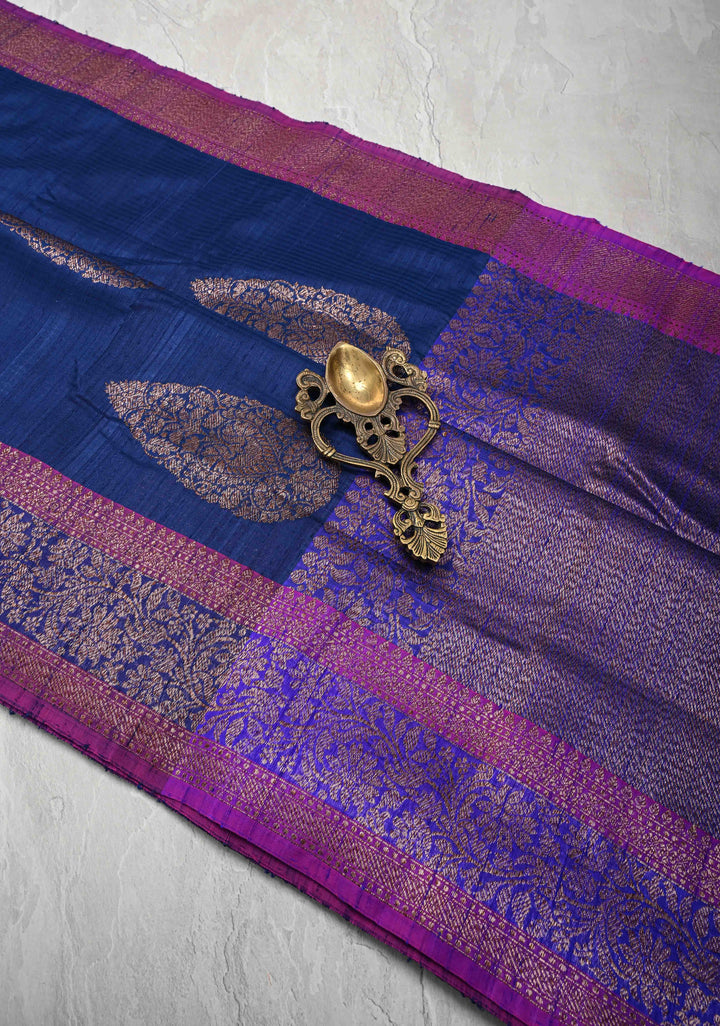 Pure Banarasi Dupion Silk Saree in Indigo with Antique Damask Buttas and Zari Border | SILK MARK CERTIFIED