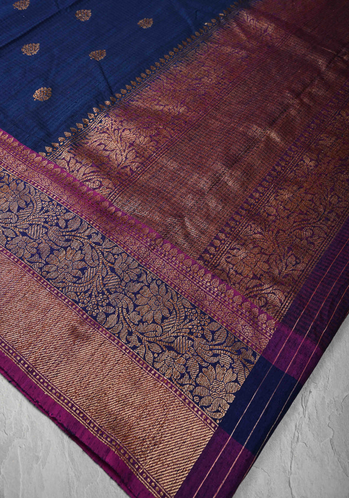 Pure Banarasi Dupion Silk Saree in Midnight with Antique Oxidized Zari Buttas and Zari Border | SILK MARK CERTIFIED