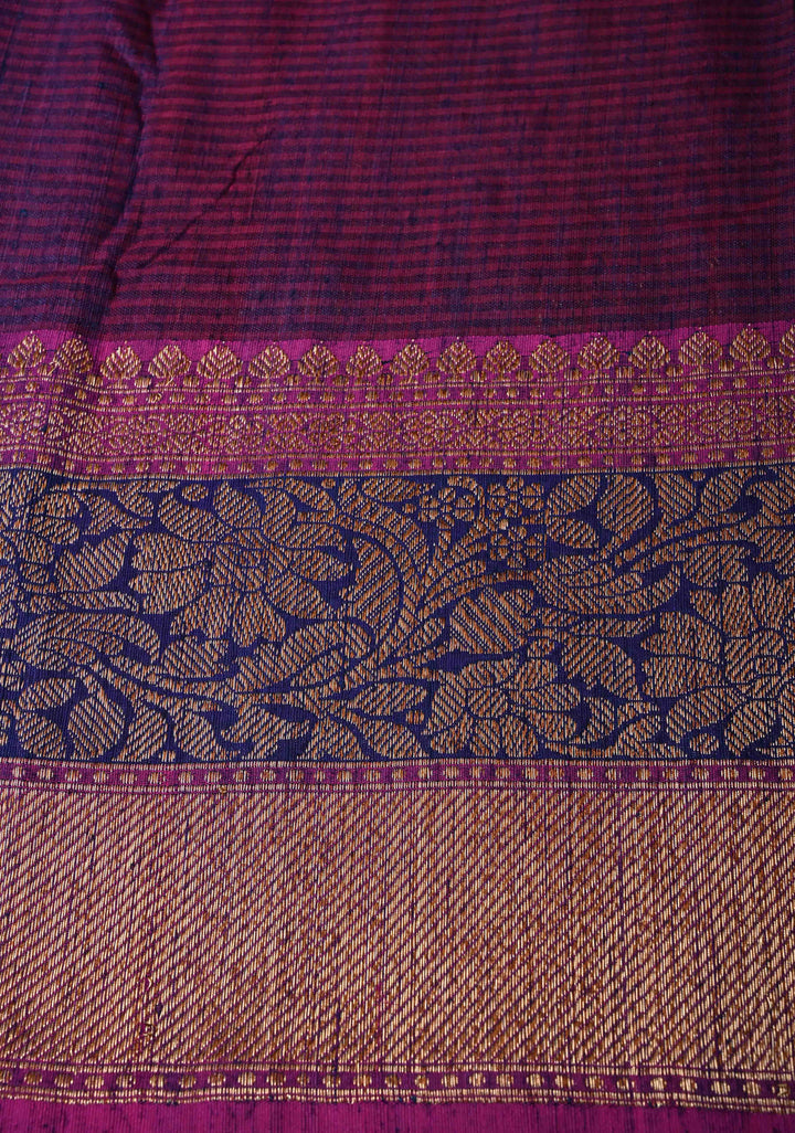 Pure Banarasi Dupion Silk Saree in Midnight with Antique Oxidized Zari Buttas and Zari Border | SILK MARK CERTIFIED