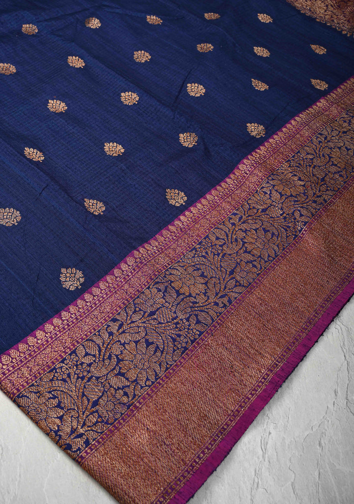 Pure Banarasi Dupion Silk Saree in Midnight with Antique Oxidized Zari Buttas and Zari Border | SILK MARK CERTIFIED