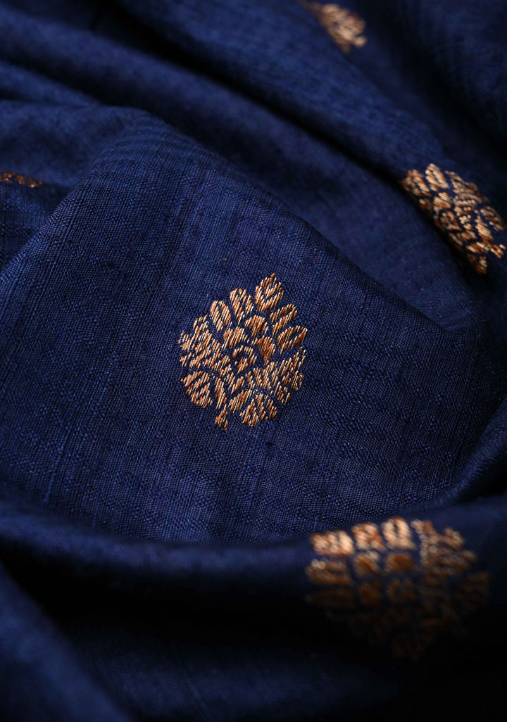 Pure Banarasi Dupion Silk Saree in Midnight with Antique Oxidized Zari Buttas and Zari Border | SILK MARK CERTIFIED