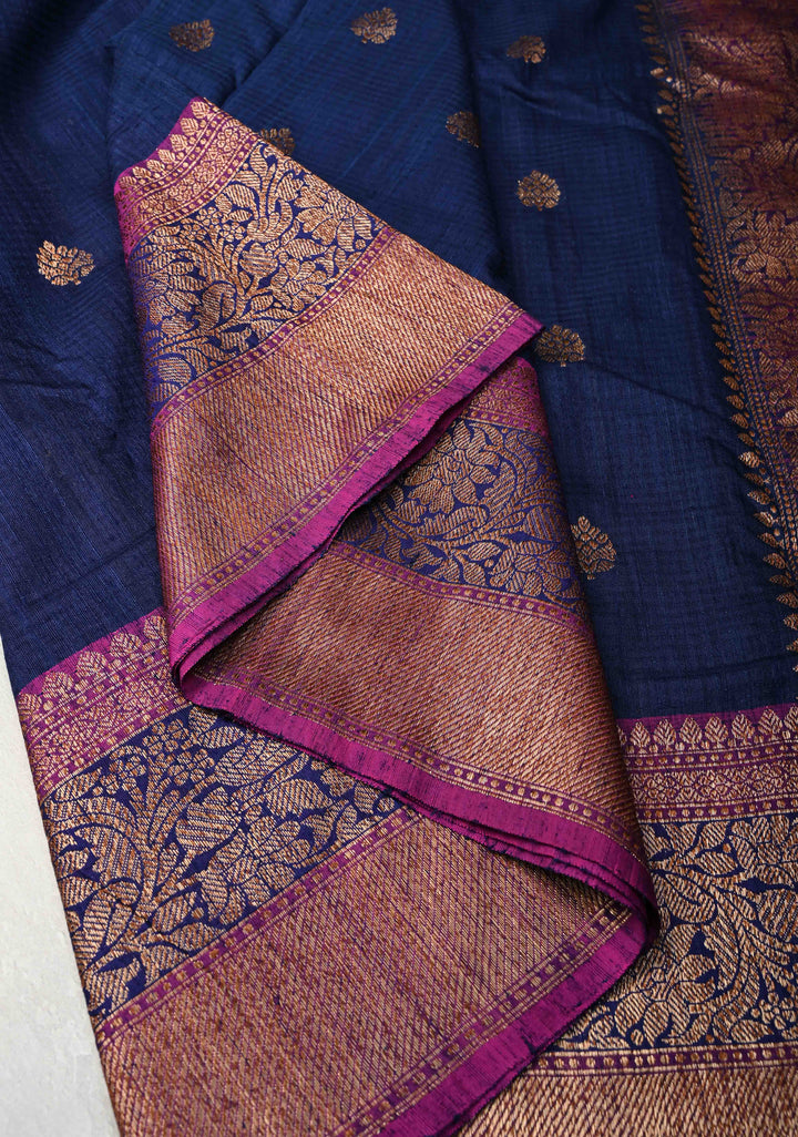 Pure Banarasi Dupion Silk Saree in Midnight with Antique Oxidized Zari Buttas and Zari Border | SILK MARK CERTIFIED