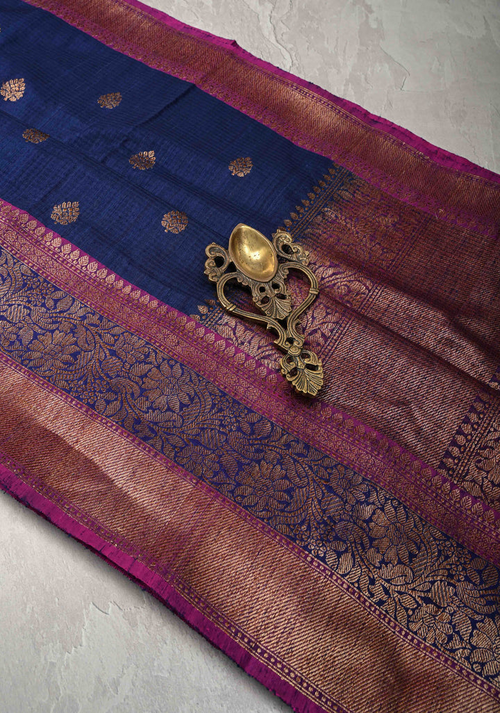 Pure Banarasi Dupion Silk Saree in Midnight with Antique Oxidized Zari Buttas and Zari Border | SILK MARK CERTIFIED