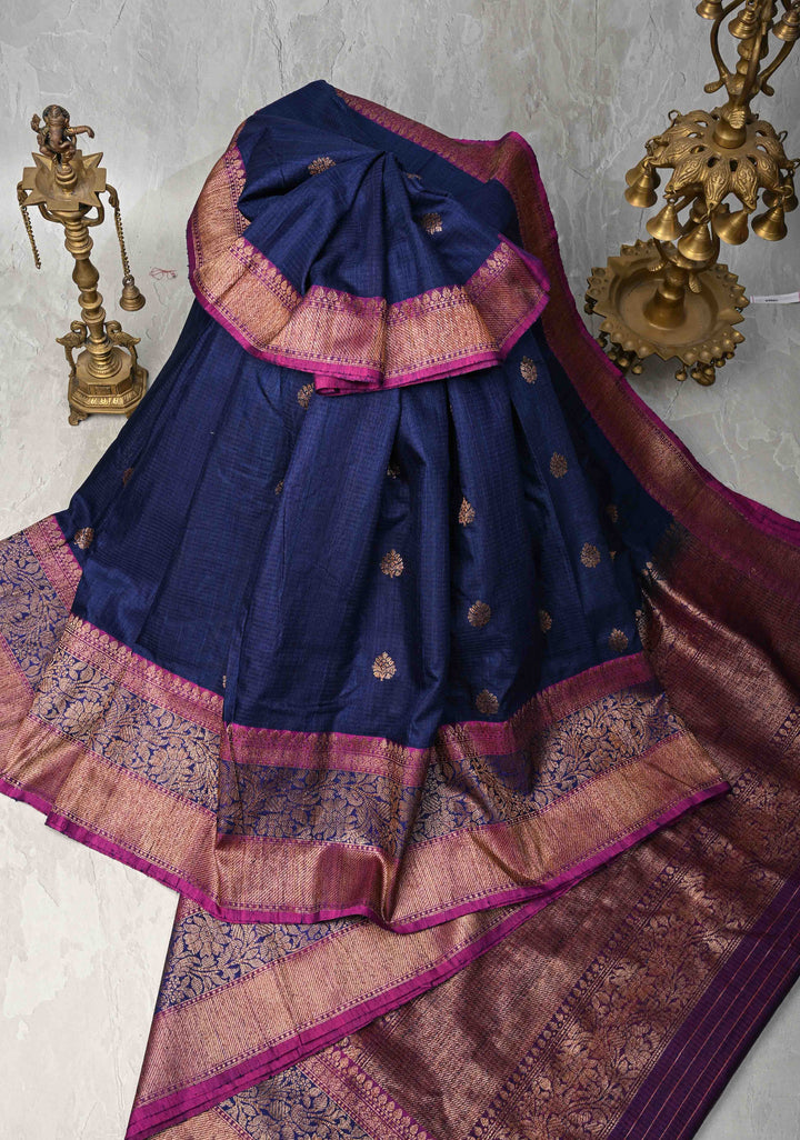 Pure Banarasi Dupion Silk Saree in Midnight with Antique Oxidized Zari Buttas and Zari Border | SILK MARK CERTIFIED