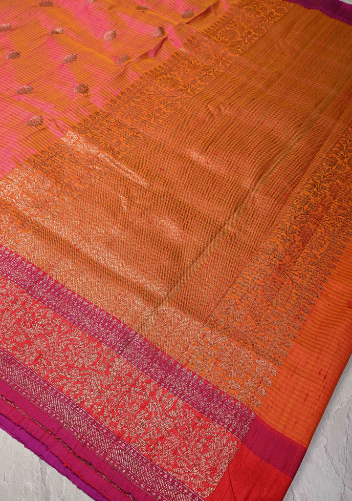 Pure Banarasi Dupion Silk Saree in Mustard Pink with Antique Zari Buttas and Border | SILK MARK CERTIFIED