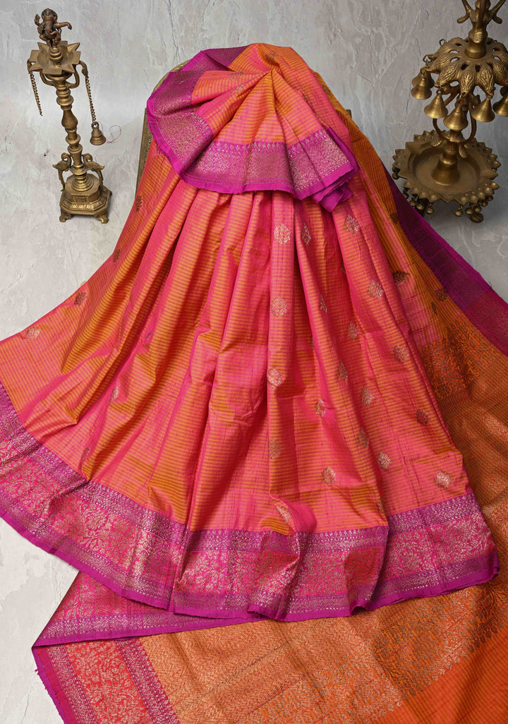 Pure Banarasi Dupion Silk Saree in Mustard Pink with Antique Zari Buttas and Border | SILK MARK CERTIFIED