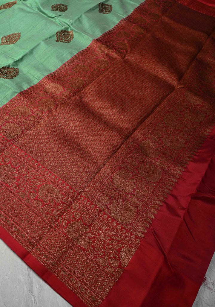 Sea Green Banarasi Tussar Silk Saree with Antique Zari Buttas and Contrast Zari Border | SILK MARK CERTIFIED