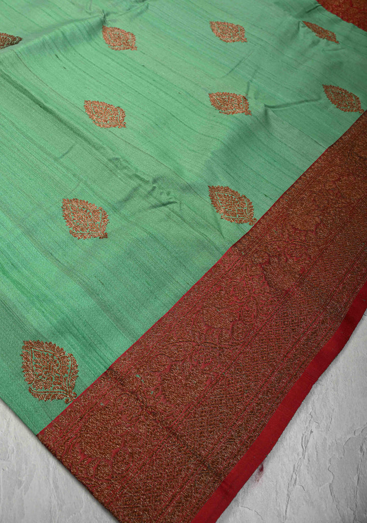 Sea Green Banarasi Tussar Silk Saree with Antique Zari Buttas and Contrast Zari Border | SILK MARK CERTIFIED