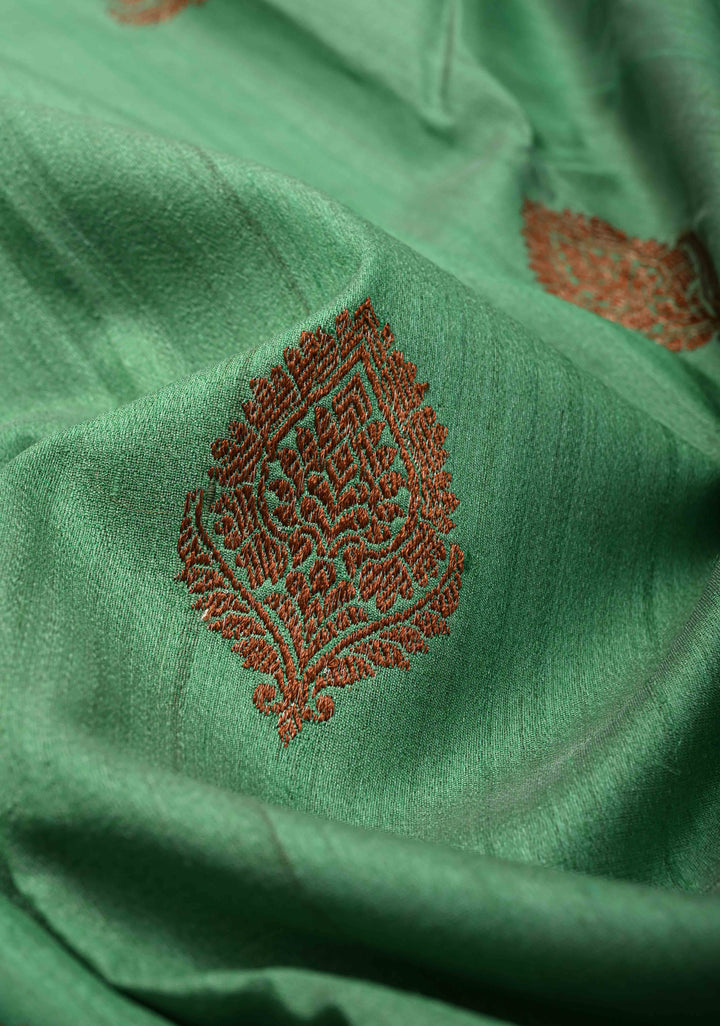 Sea Green Banarasi Tussar Silk Saree with Antique Zari Buttas and Contrast Zari Border | SILK MARK CERTIFIED