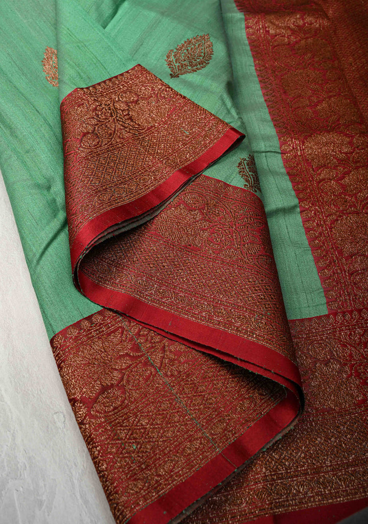 Sea Green Banarasi Tussar Silk Saree with Antique Zari Buttas and Contrast Zari Border | SILK MARK CERTIFIED
