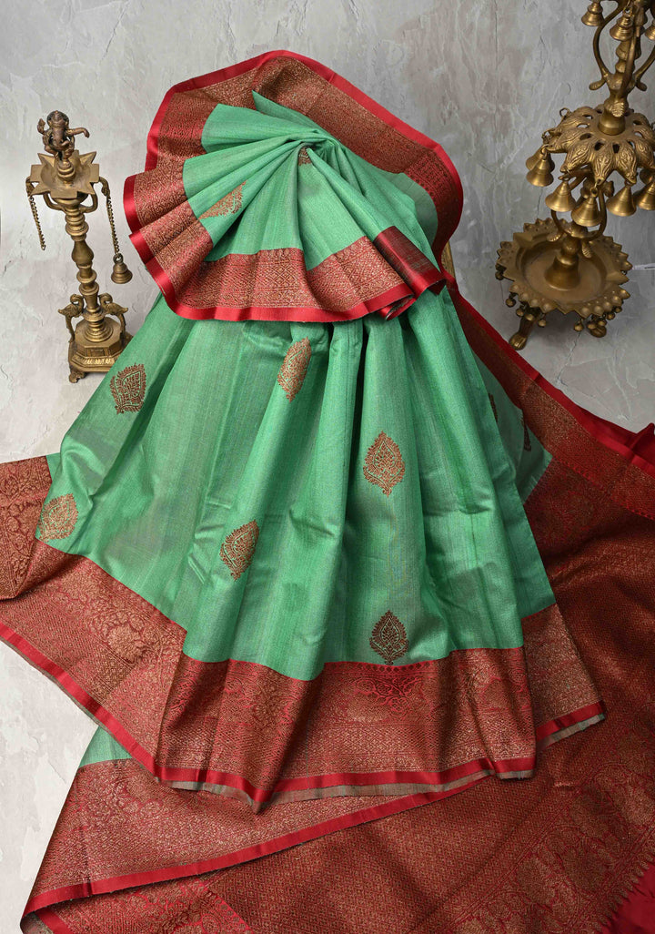 Sea Green Banarasi Tussar Silk Saree with Antique Zari Buttas and Contrast Zari Border | SILK MARK CERTIFIED
