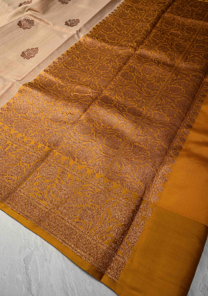 Kora Color Banarasi Tussar Silk Saree with Antique Zari Buttas and Contrast Zari Border | SILK MARK CERTIFIED
