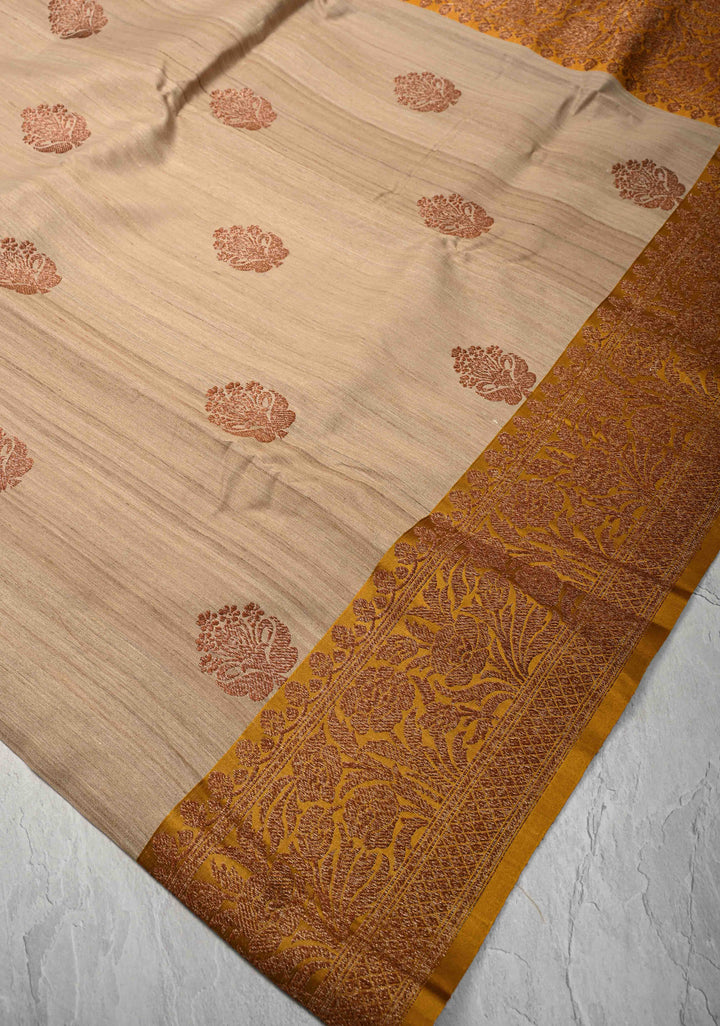 Kora Color Banarasi Tussar Silk Saree with Antique Zari Buttas and Contrast Zari Border | SILK MARK CERTIFIED