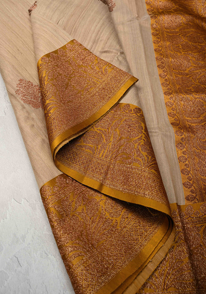 Kora Color Banarasi Tussar Silk Saree with Antique Zari Buttas and Contrast Zari Border | SILK MARK CERTIFIED