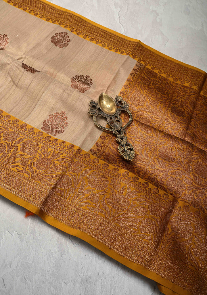 Kora Color Banarasi Tussar Silk Saree with Antique Zari Buttas and Contrast Zari Border | SILK MARK CERTIFIED