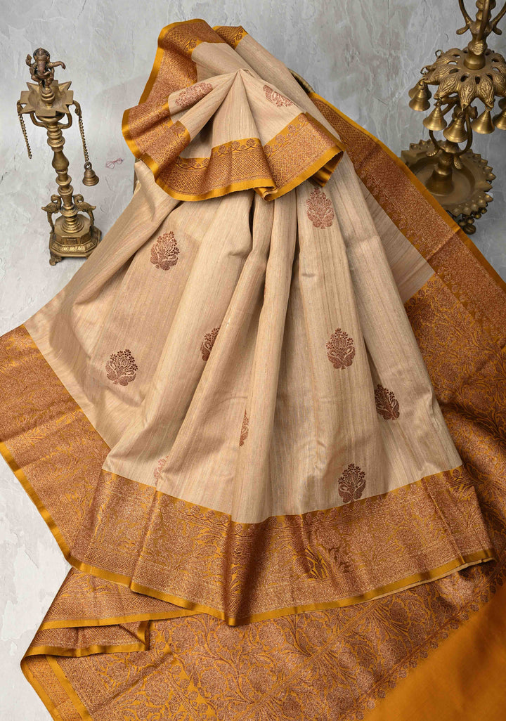 Kora Color Banarasi Tussar Silk Saree with Antique Zari Buttas and Contrast Zari Border | SILK MARK CERTIFIED