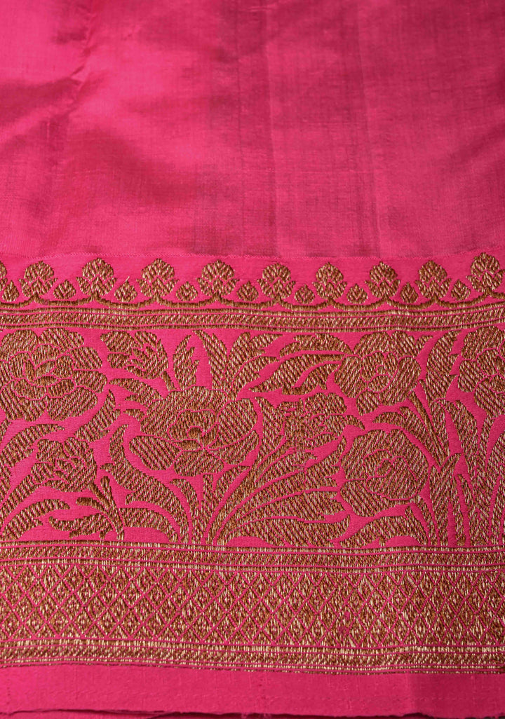 Light Tan Banarasi Tussar Silk Saree with Antique Zari Butta and Contrast Pink Border | SILK MARK CERTIFIED