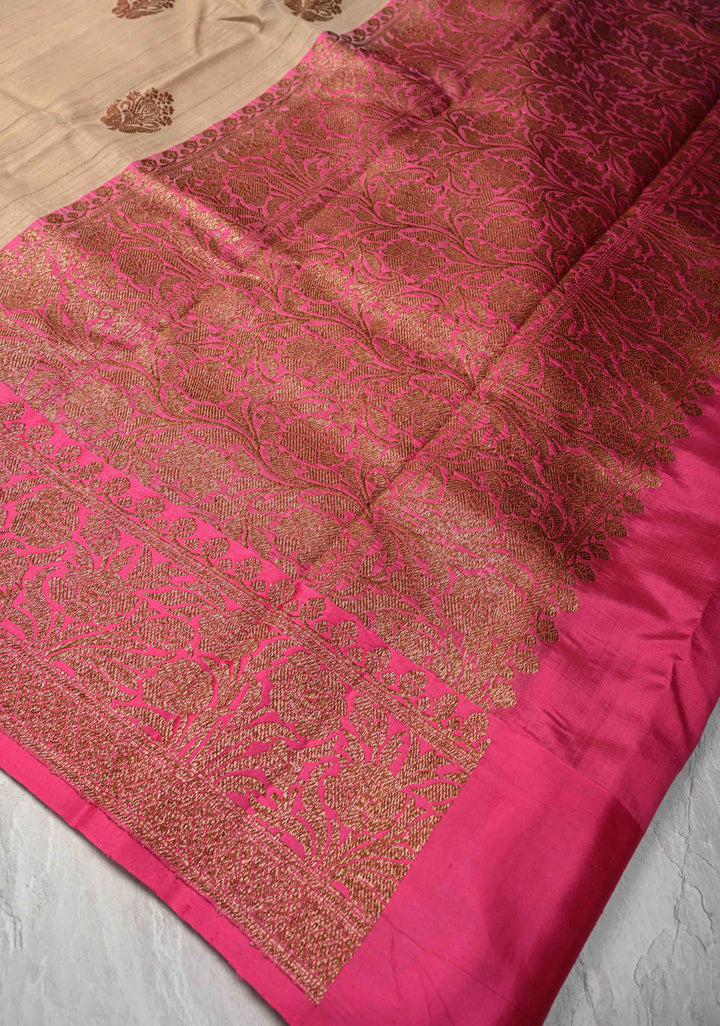 Light Tan Banarasi Tussar Silk Saree with Antique Zari Butta and Contrast Pink Border | SILK MARK CERTIFIED