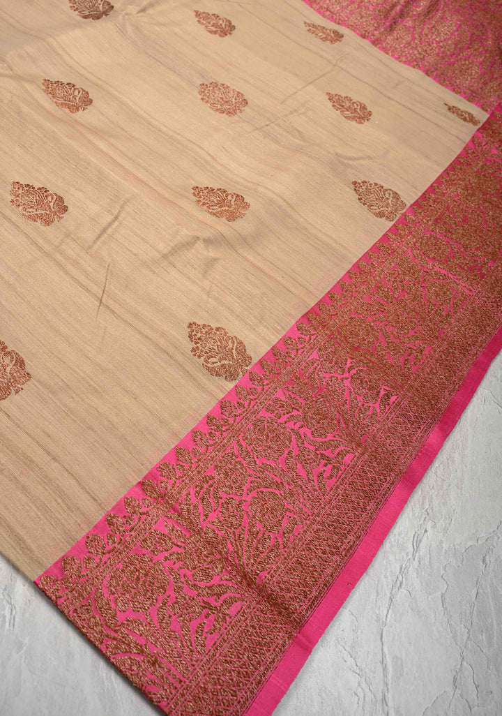 Light Tan Banarasi Tussar Silk Saree with Antique Zari Butta and Contrast Pink Border | SILK MARK CERTIFIED