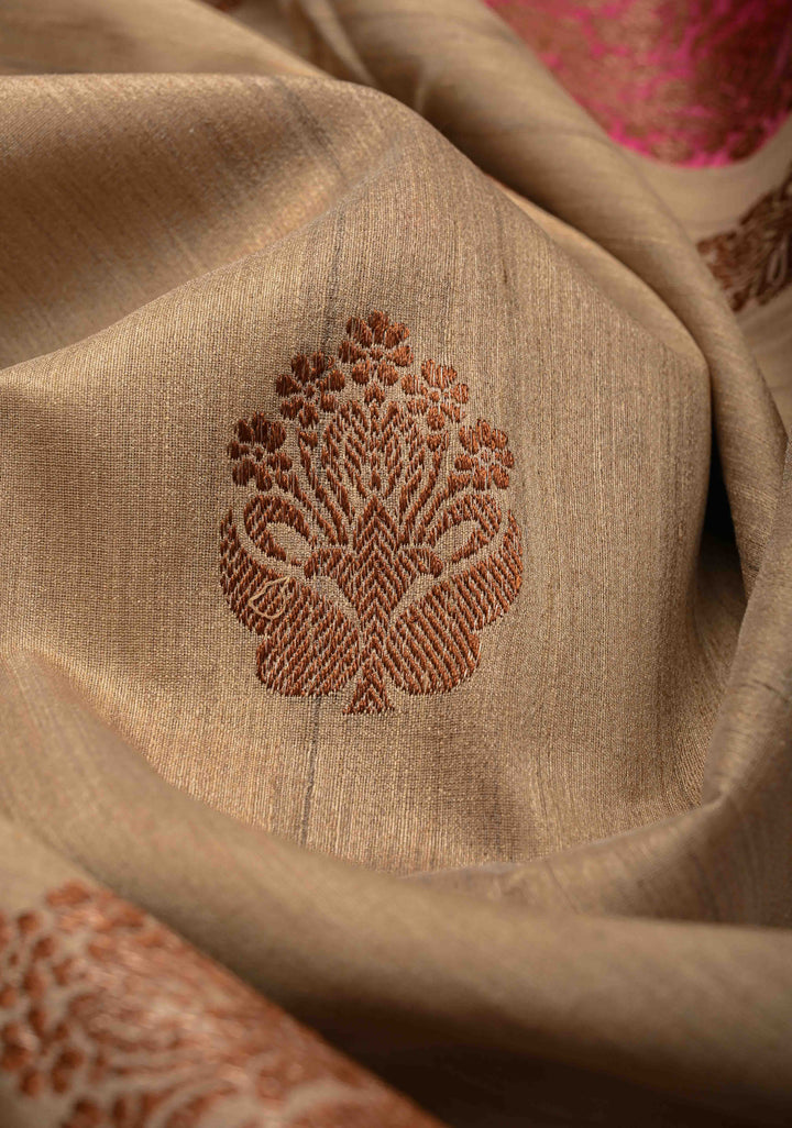 Light Tan Banarasi Tussar Silk Saree with Antique Zari Butta and Contrast Pink Border | SILK MARK CERTIFIED