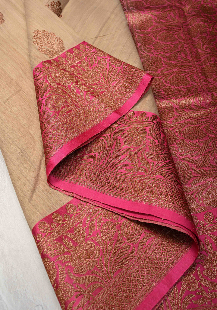 Light Tan Banarasi Tussar Silk Saree with Antique Zari Butta and Contrast Pink Border | SILK MARK CERTIFIED