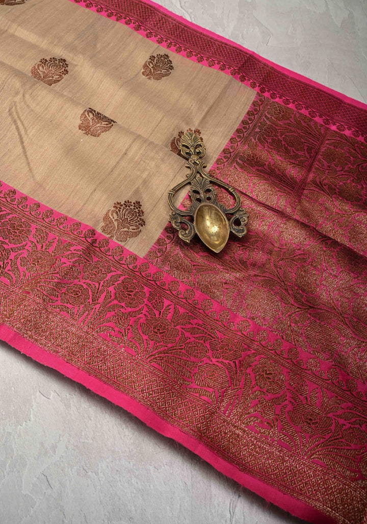 Light Tan Banarasi Tussar Silk Saree with Antique Zari Butta and Contrast Pink Border | SILK MARK CERTIFIED