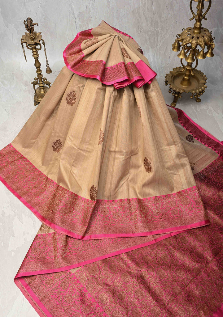 Light Tan Banarasi Tussar Silk Saree with Antique Zari Butta and Contrast Pink Border | SILK MARK CERTIFIED