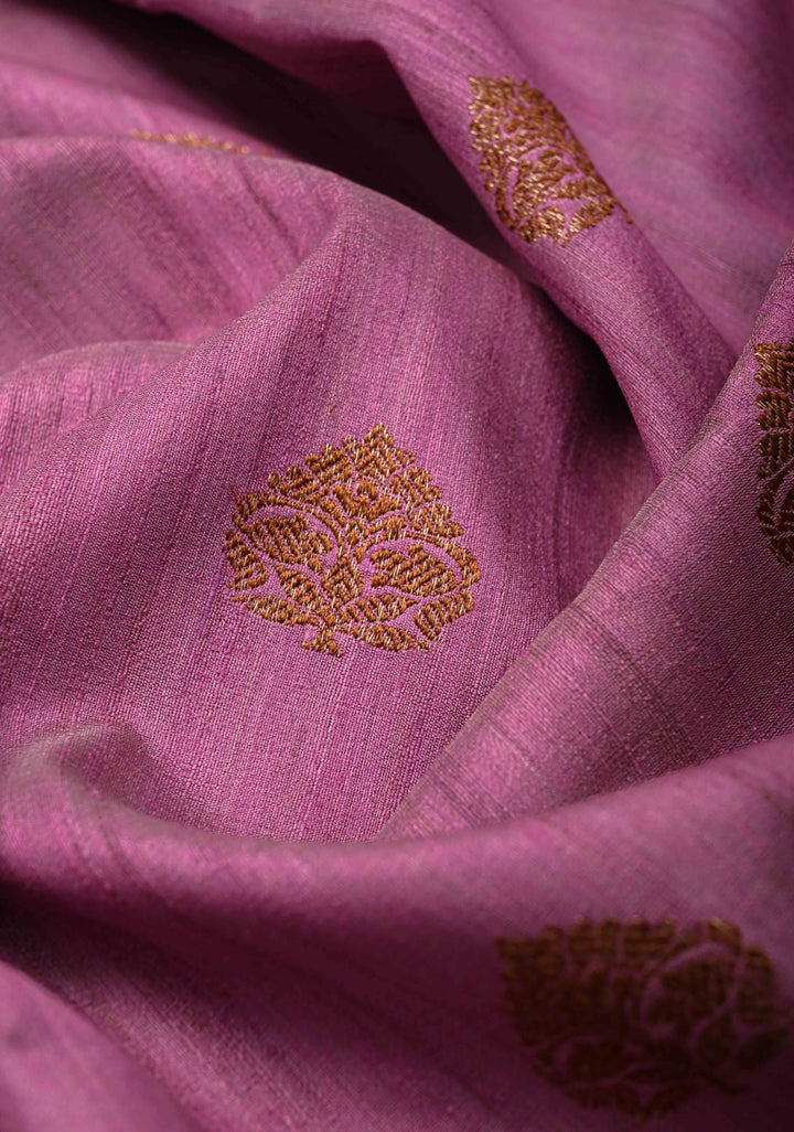 Dusty Rose Pink Banarasi Tussar Silk Saree with Antique Zari Butta and Contrast Border | SILK MARK CERTIFIED