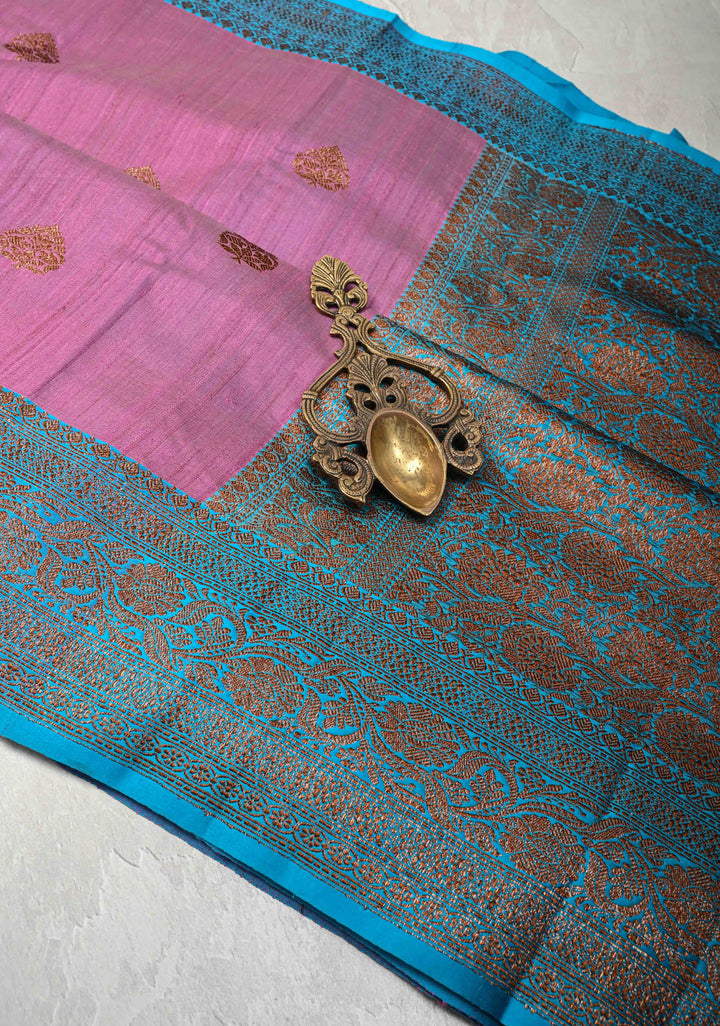 Dusty Rose Pink Banarasi Tussar Silk Saree with Antique Zari Butta and Contrast Border | SILK MARK CERTIFIED